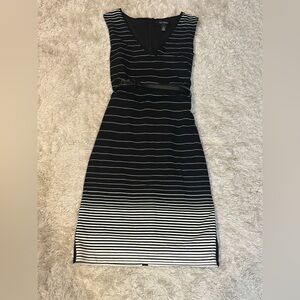 White House Black Market Black & White Striped V-Neck Midi Dress